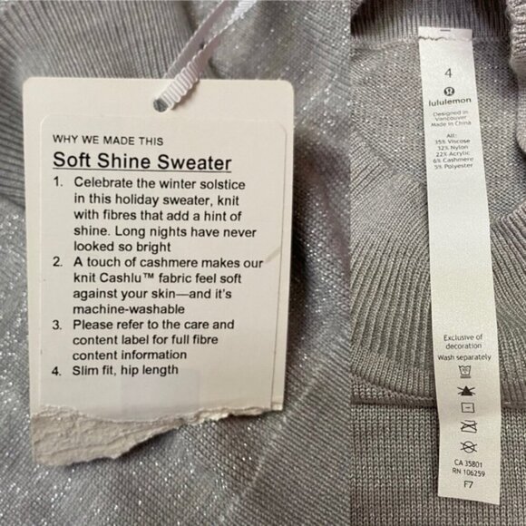 New Lululemon Soft Shine Cashmere Sweater Silver Sz 4 - Picture 10 of 10